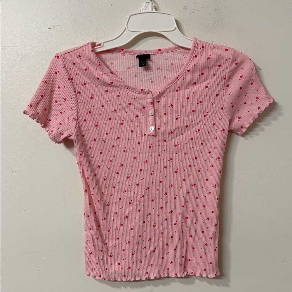 Art Class Pink Polka Dot Ribbed Short Sleeve Top